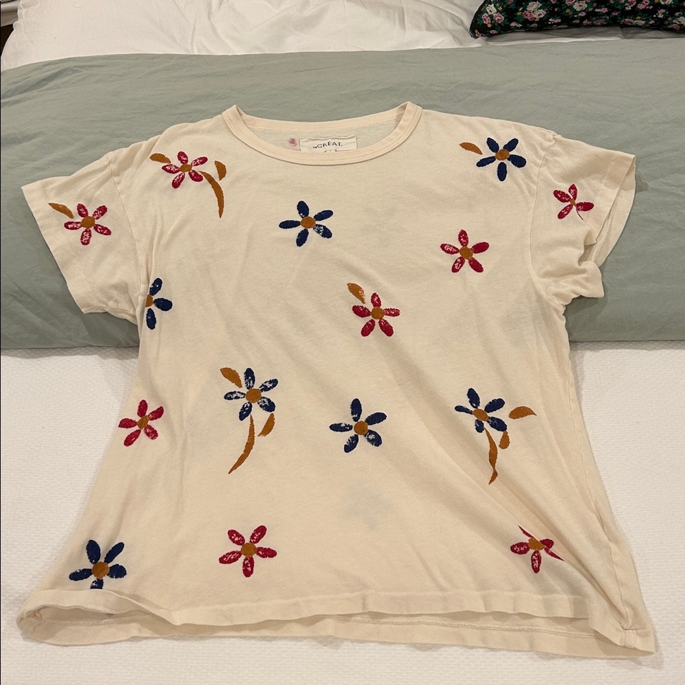 THE GREAT. Cream Floral Embroidered Tee with Blue, Pink & Gold Flowers